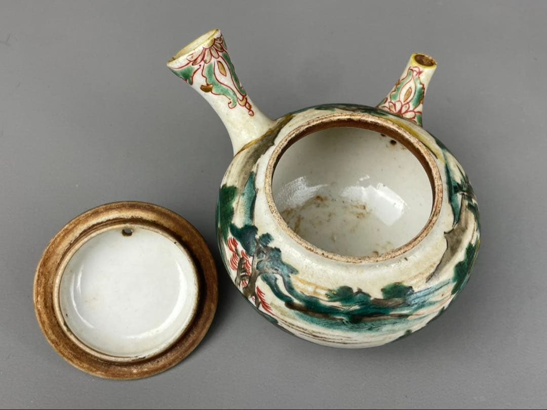 江戸期 古九谷 急須 湯呑み 3客 山水図 九谷焼 時代物 陶器 色絵 茶道具