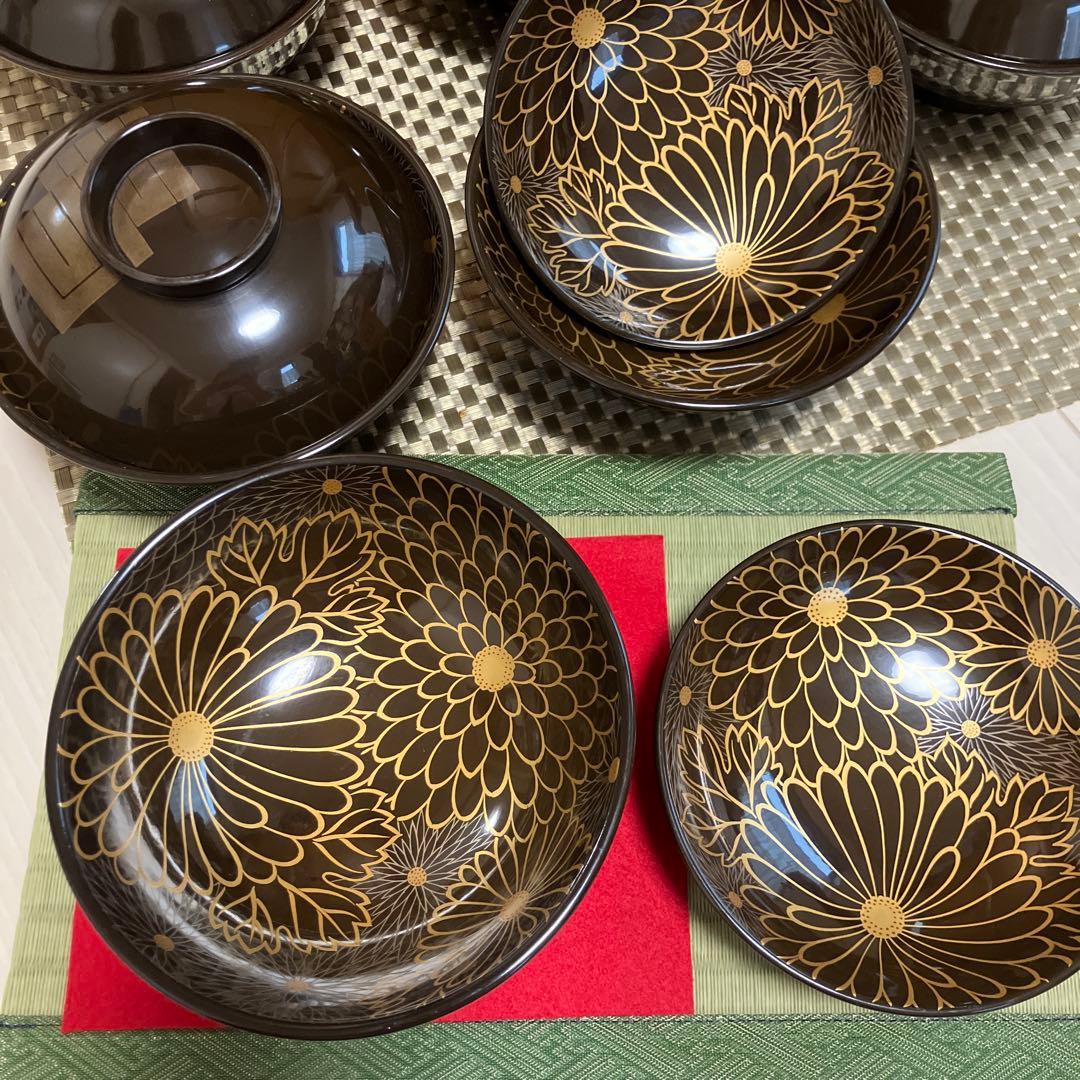 輪島塗椀　千鳥形菊蒔絵椀　煮物椀10客セット焦茶