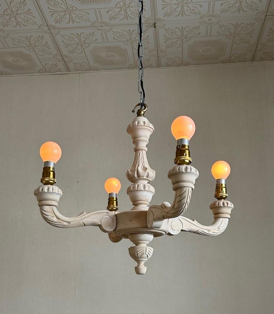 フランスアンティーク　木製シャンデリア　４灯　シャビー　店舗什器