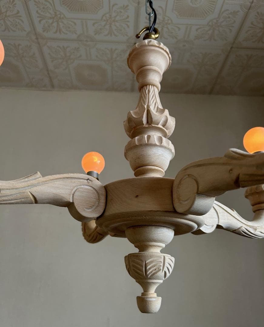 フランスアンティーク　木製シャンデリア　４灯　シャビー　店舗什器