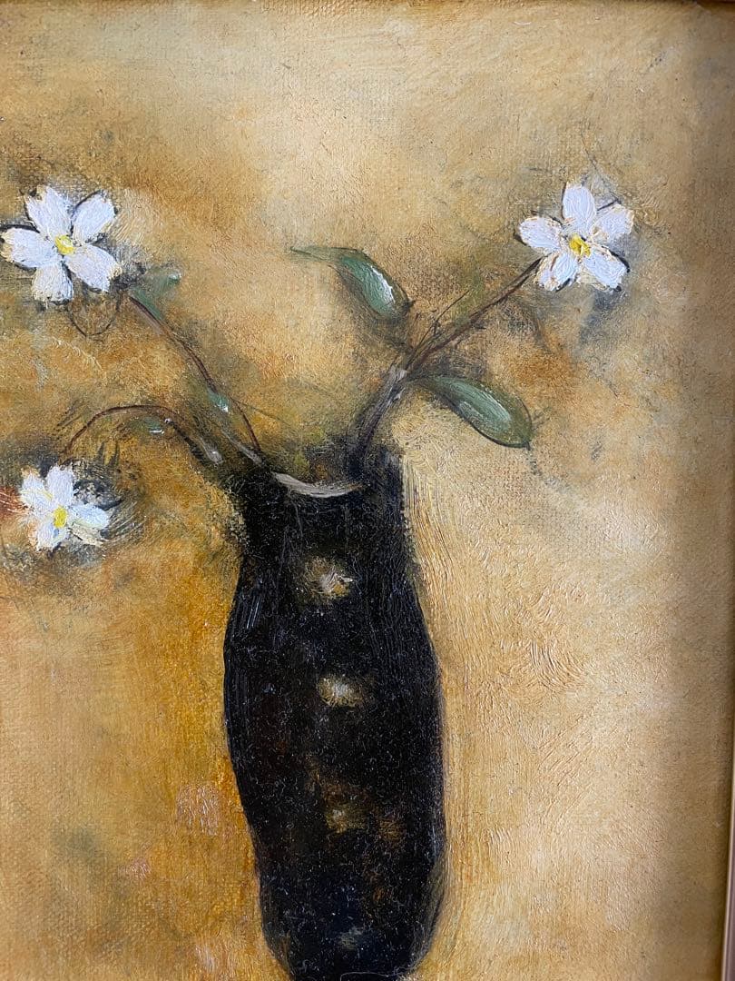 【平松利昭】直筆　油絵　油彩画　花　白い花　SM