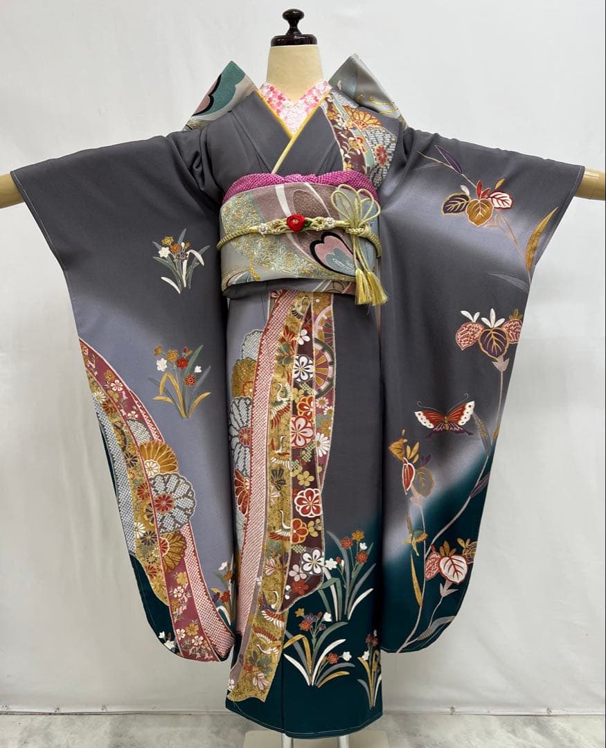 振り袖　フルセット　長襦袢付　金彩加工　しつけ付　振り柄有　重ね襟付き653