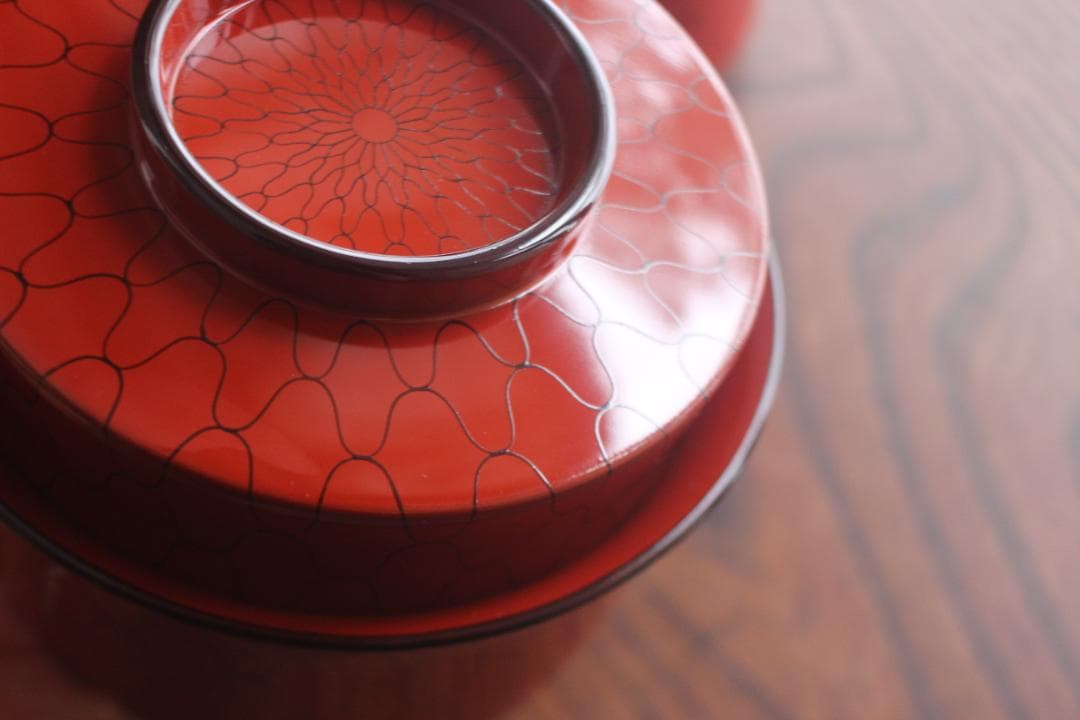 デッドストック！上質朱漆に風情ある網目文の映える筒形大椀2点（検京塗煮物椀