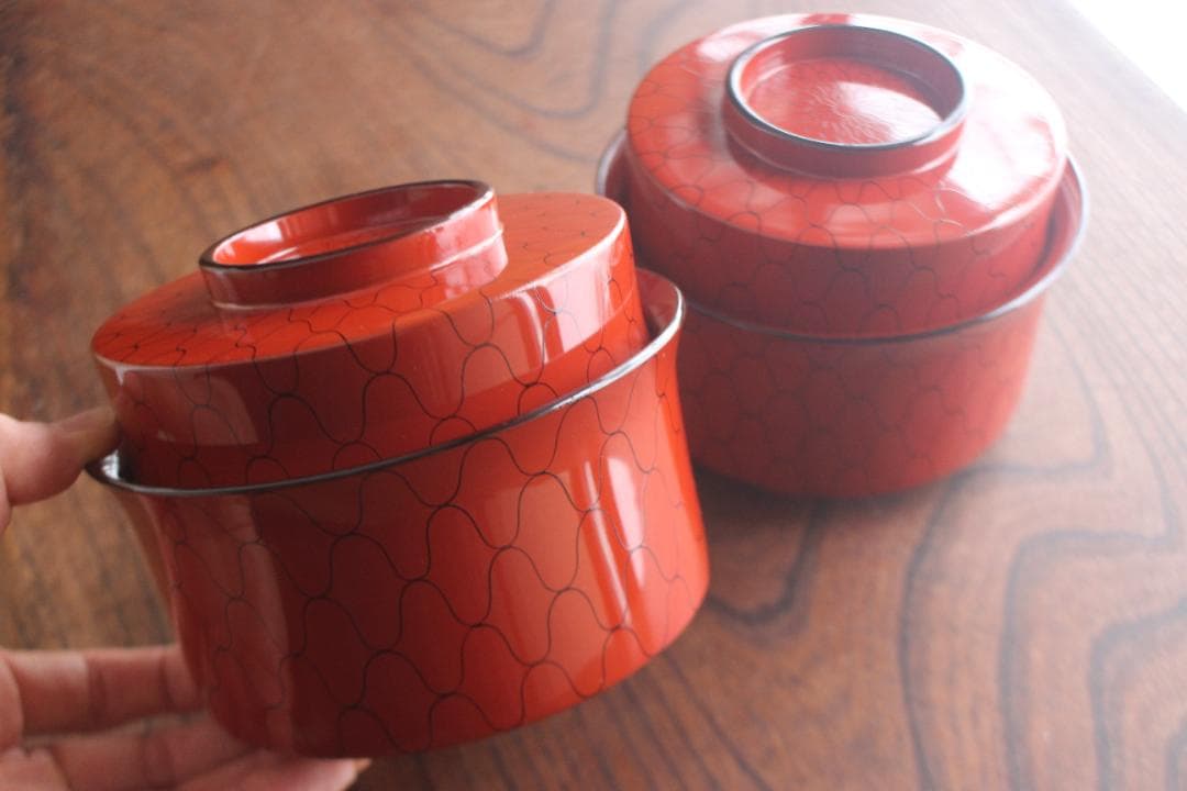 デッドストック！上質朱漆に風情ある網目文の映える筒形大椀2点（検京塗煮物椀