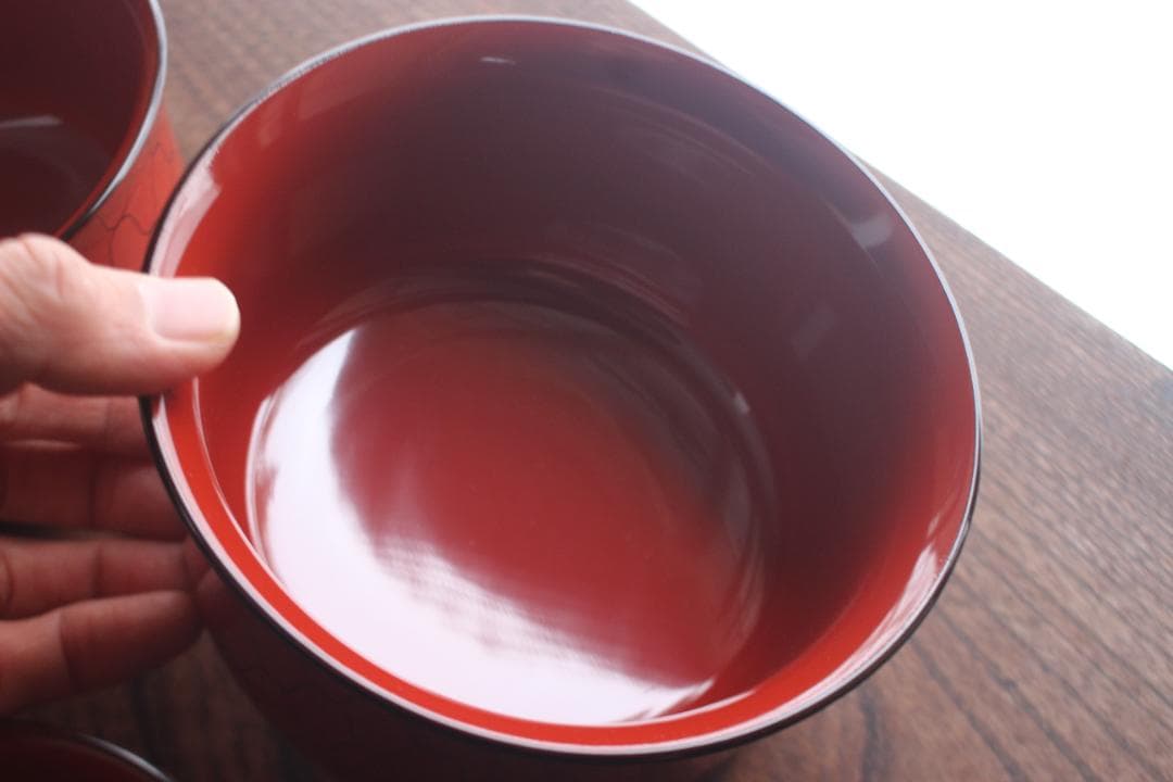 デッドストック！上質朱漆に風情ある網目文の映える筒形大椀2点（検京塗煮物椀