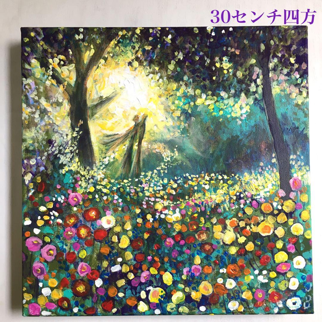 処分価格！　いざなう天使の森　アクリル画 30センチ四方　キャンバス
