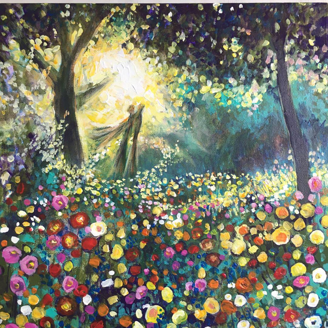 処分価格！　いざなう天使の森　アクリル画 30センチ四方　キャンバス