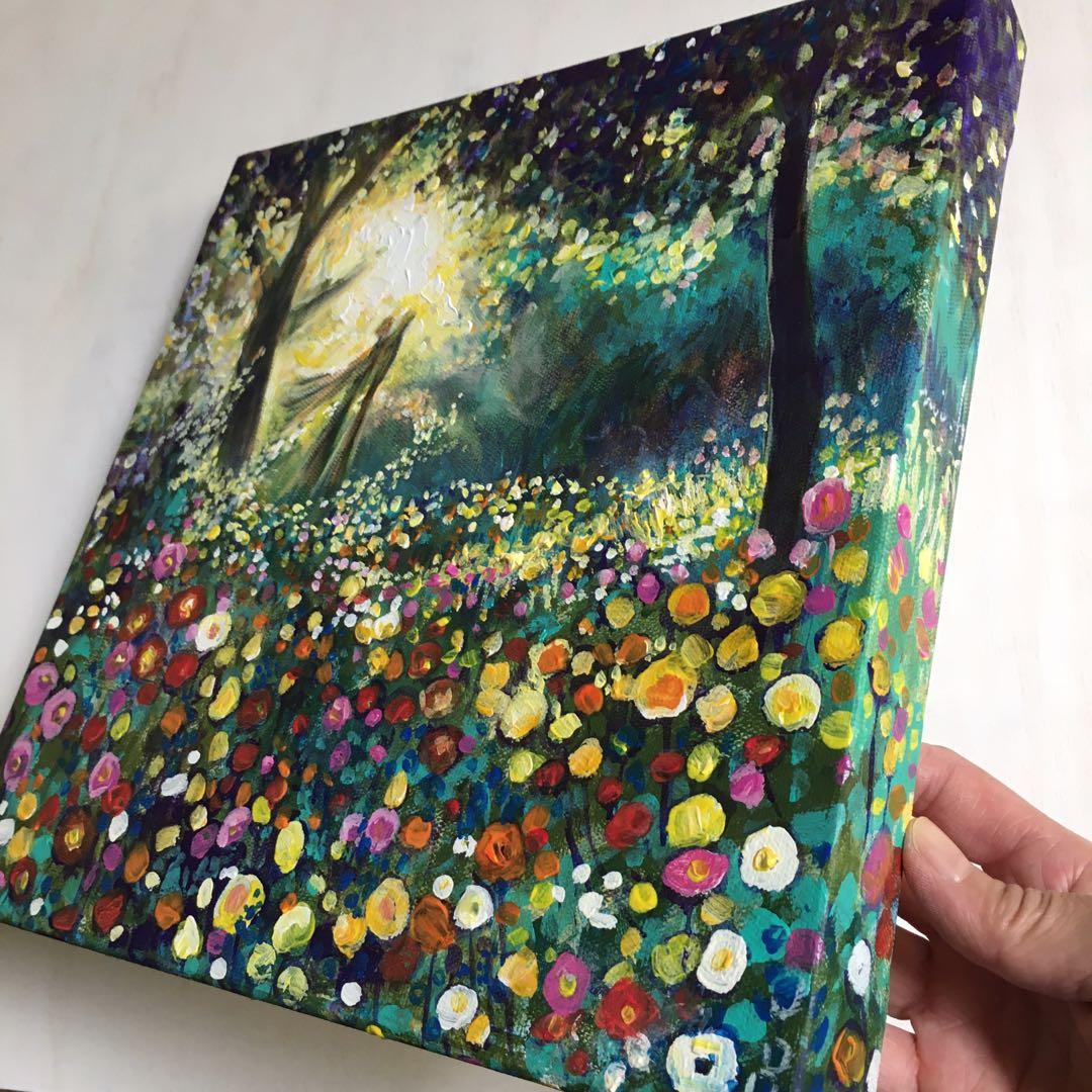 処分価格！　いざなう天使の森　アクリル画 30センチ四方　キャンバス
