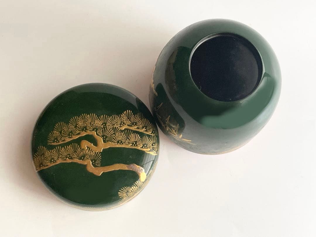 茶道具　平安　漆翁斎　青漆　松蒔絵　中棗　紫野　細合喝堂書付　共箱