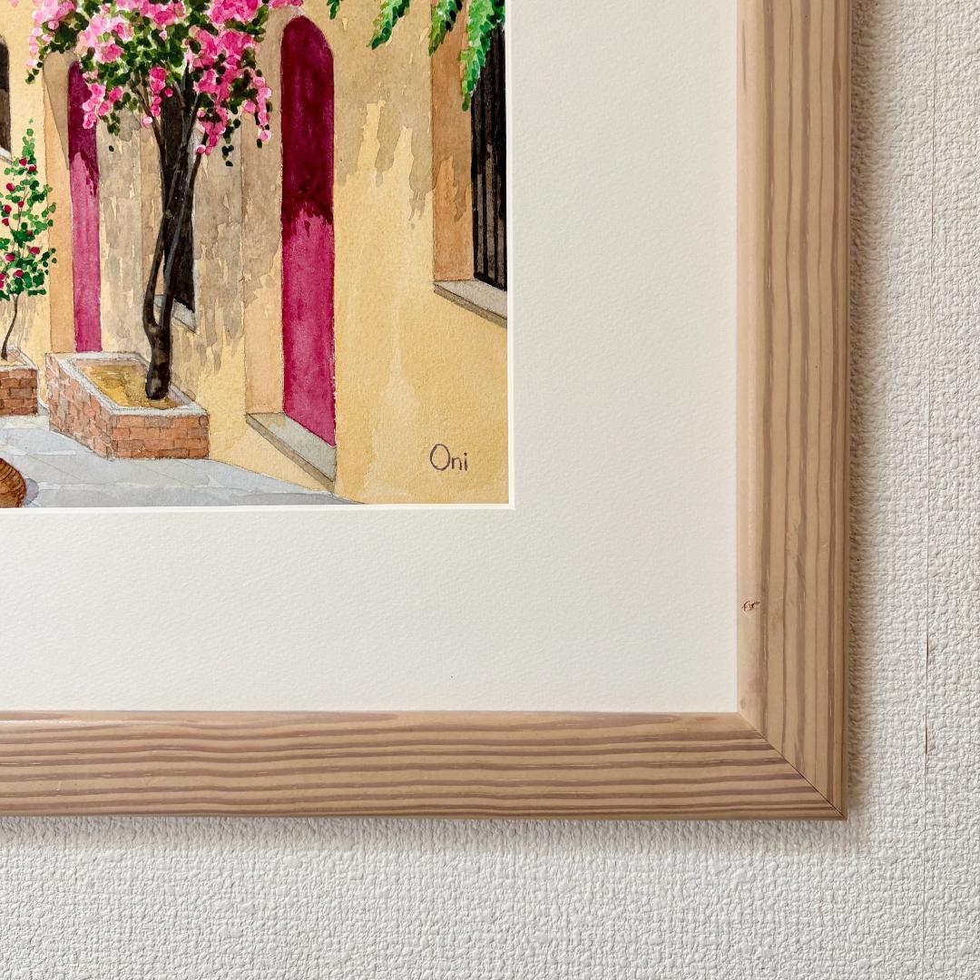 透明水彩画　原画　「花の咲く路地08」額縁付　B3サイズ　風景画