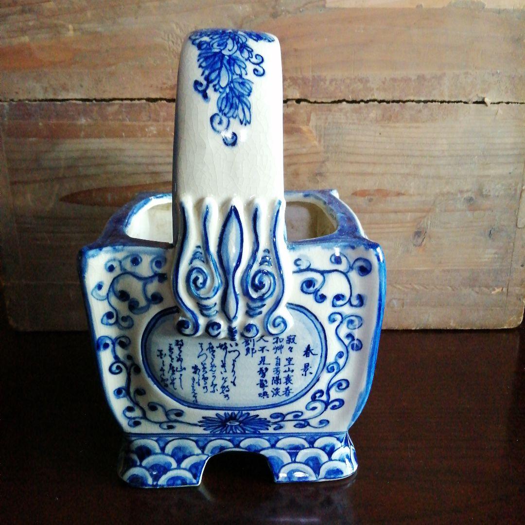 瀬戸焼　染付四方手桶　17.5cm　明治～昭和初期