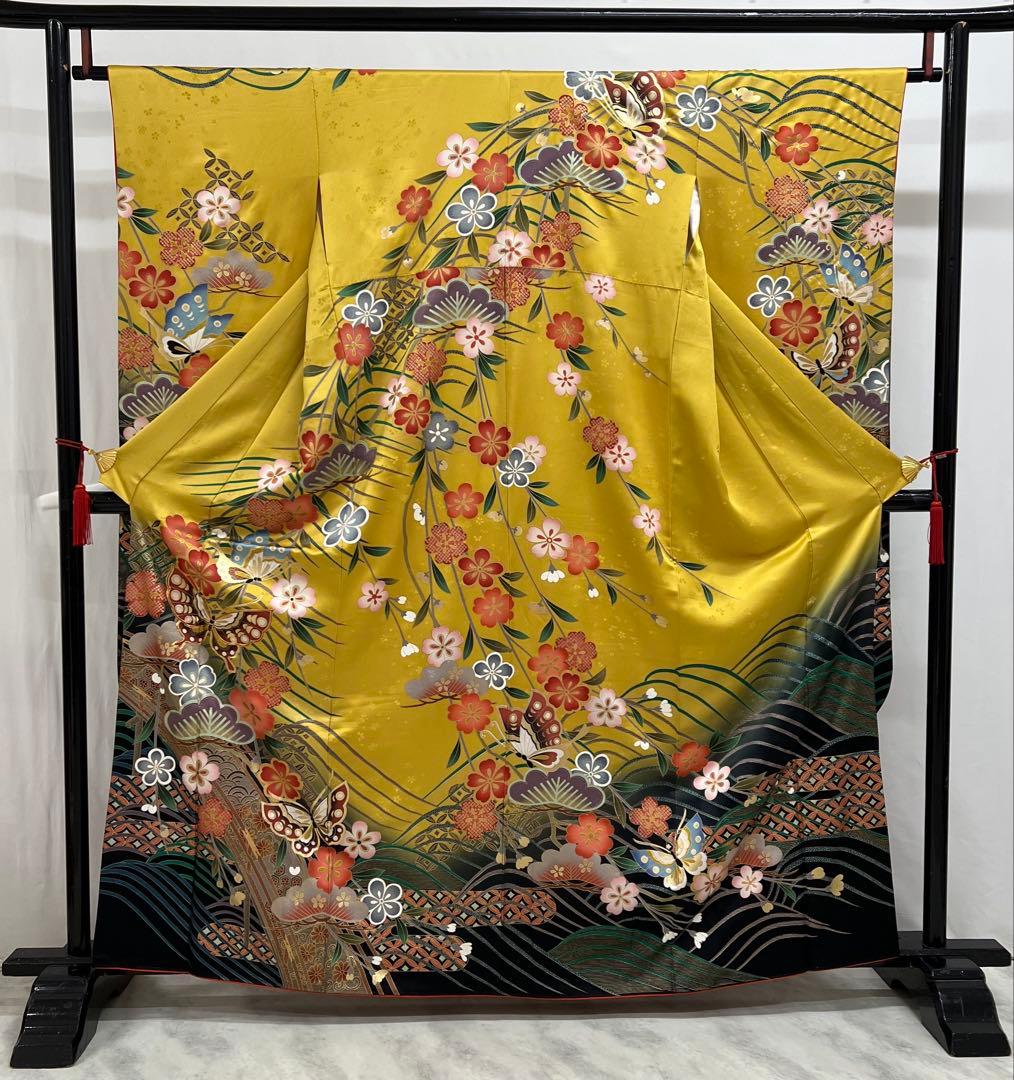 振り袖　フルセット　長襦袢付　イエロー　成人式　 金彩加工　刺繍入り　640