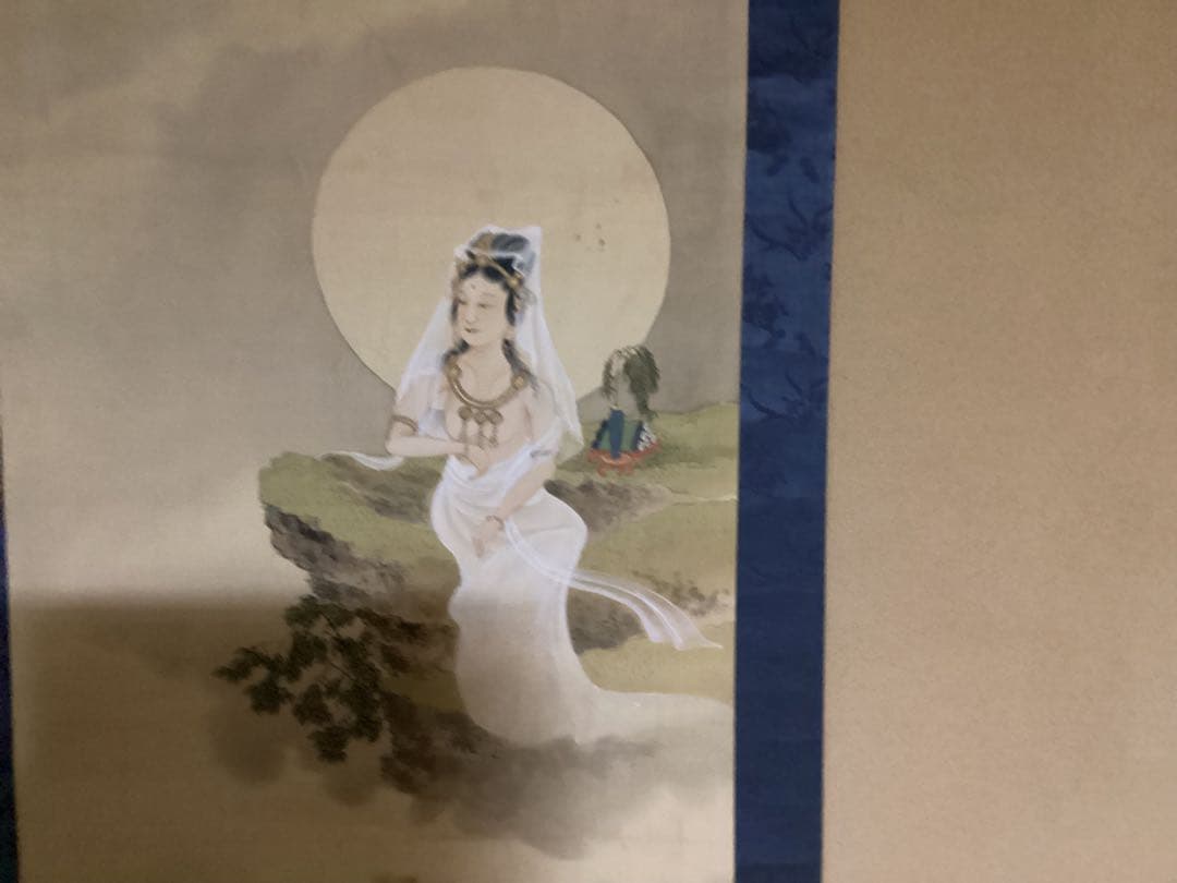 O-1 養流の観音　　水墨画 掛け軸 観音様　華泉　年代物