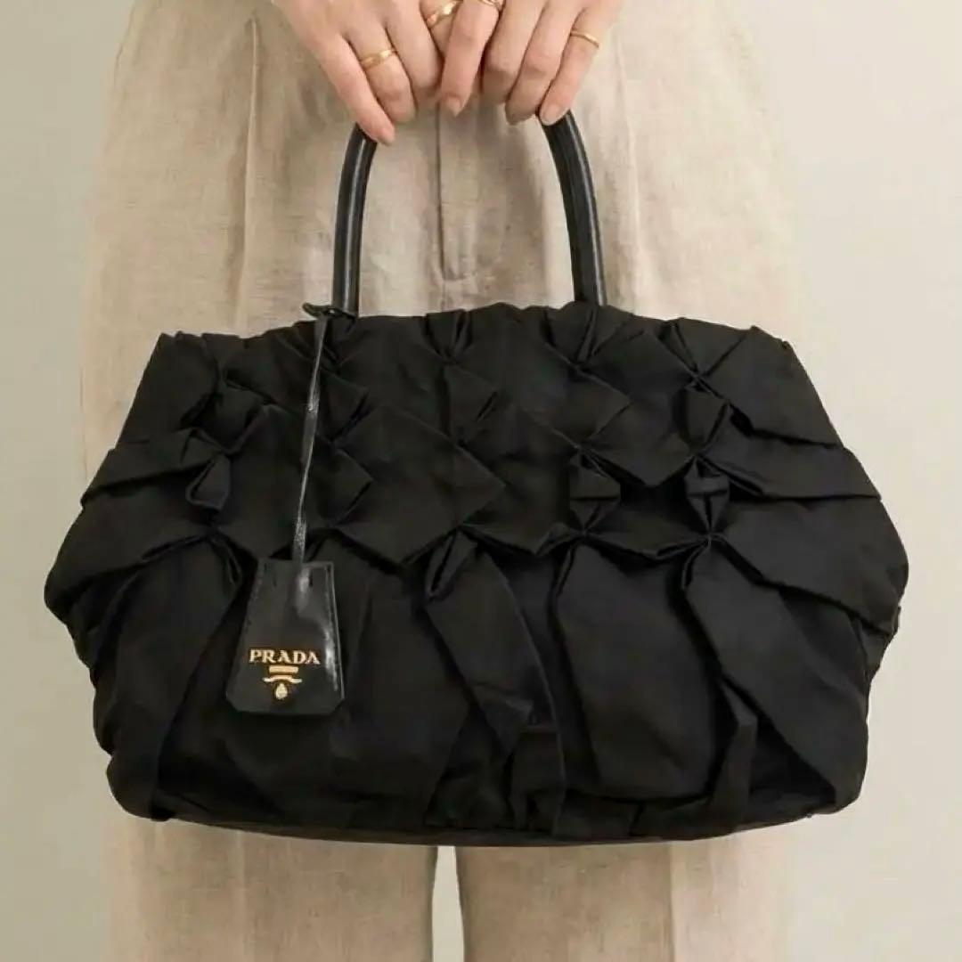 超美品 PRADA プラダ ブラック ナイロン レザー ハンドバッグ ギャザー