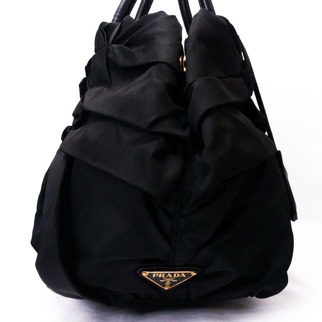 超美品 PRADA プラダ ブラック ナイロン レザー ハンドバッグ ギャザー