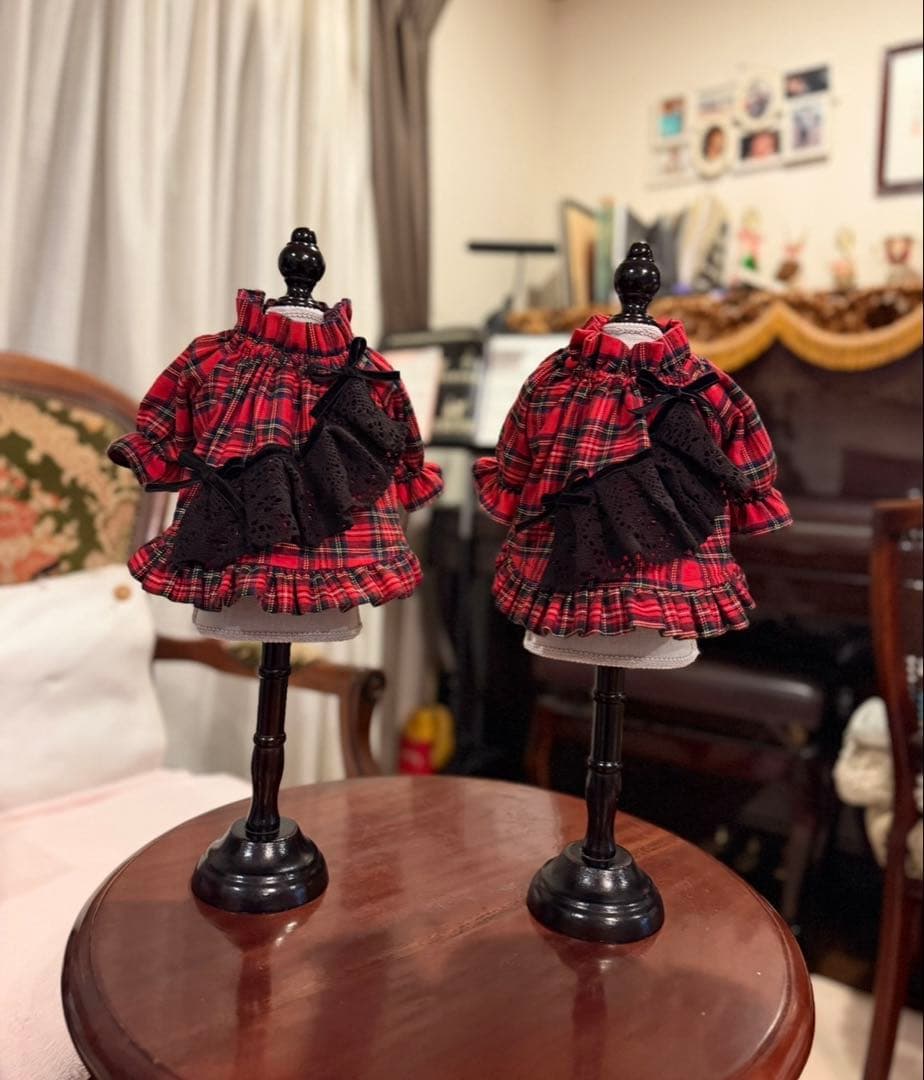 ワンピース　チェック　フリル　ファーリボン　かわいい　撮影会　犬服