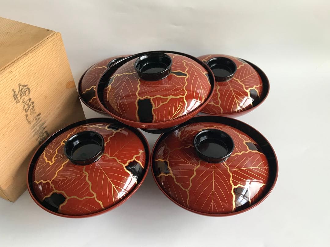 輪島塗　木製 柏葉尽蒔絵　縁起　大椀　5客