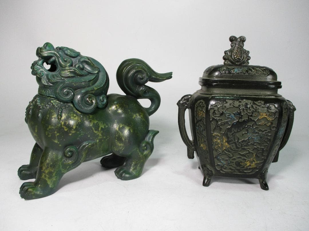 白銅 香炉 計２点 獅子型 正晴 作 ４足耳付 香道具 中国美術