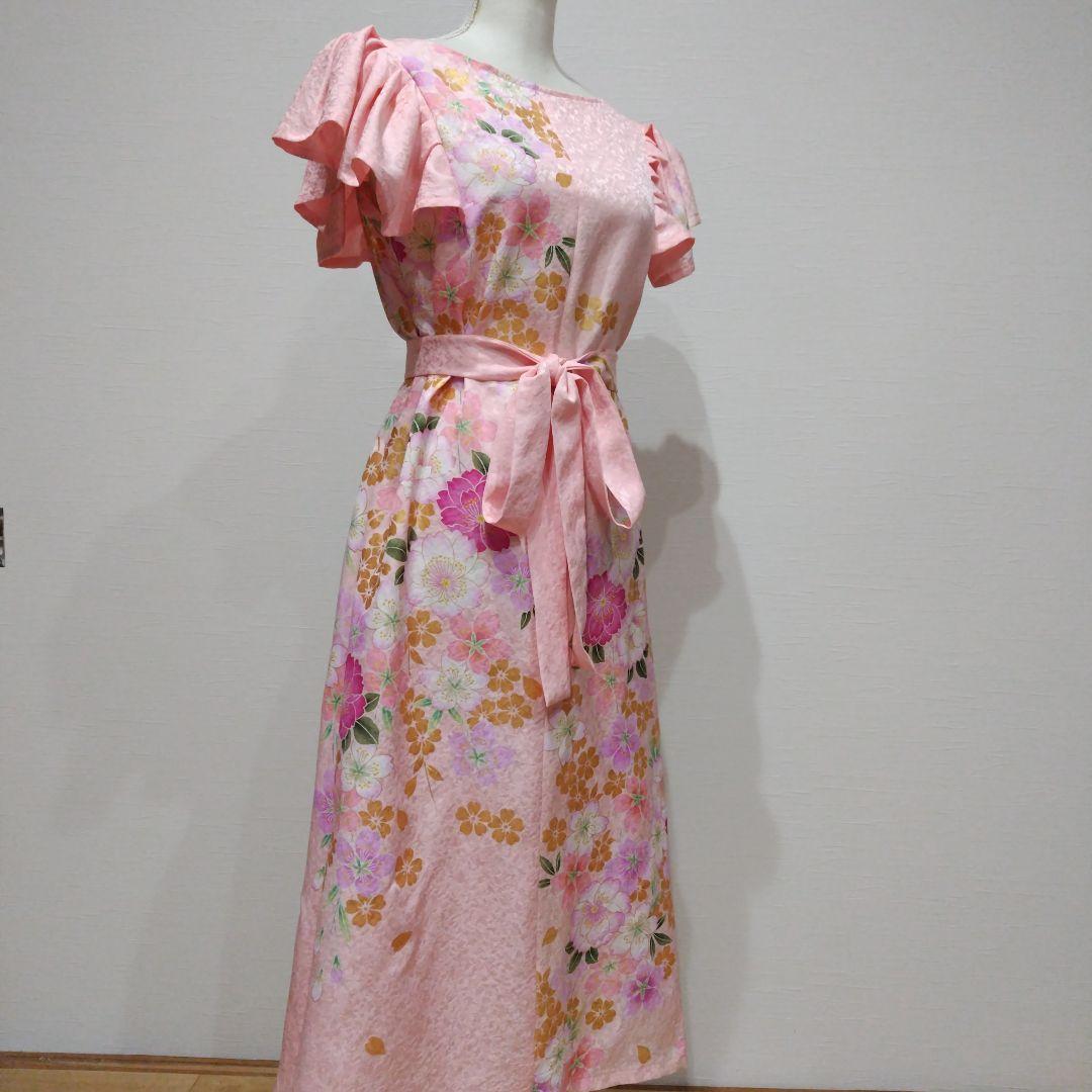 振袖　フリル袖　ワンピース　桜色　リボン紐付き
