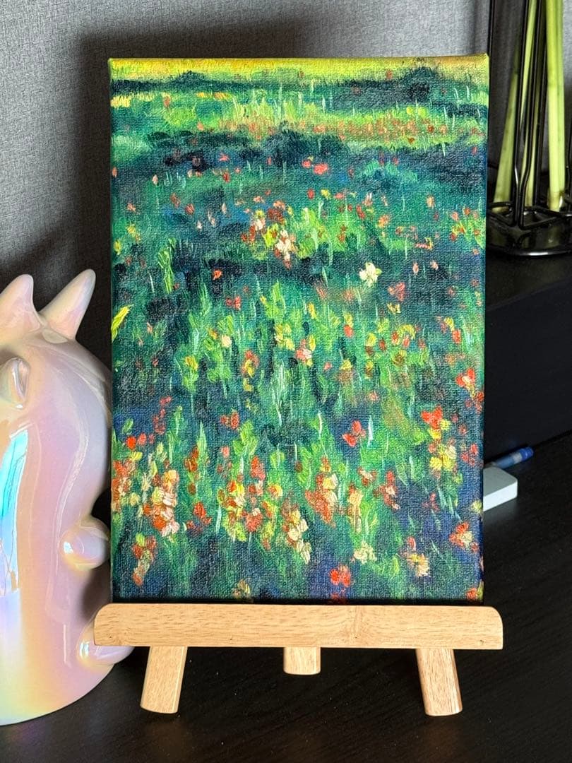 「花畑の夕陽」　手描き　油絵　風景画　原画　油彩画　印象派