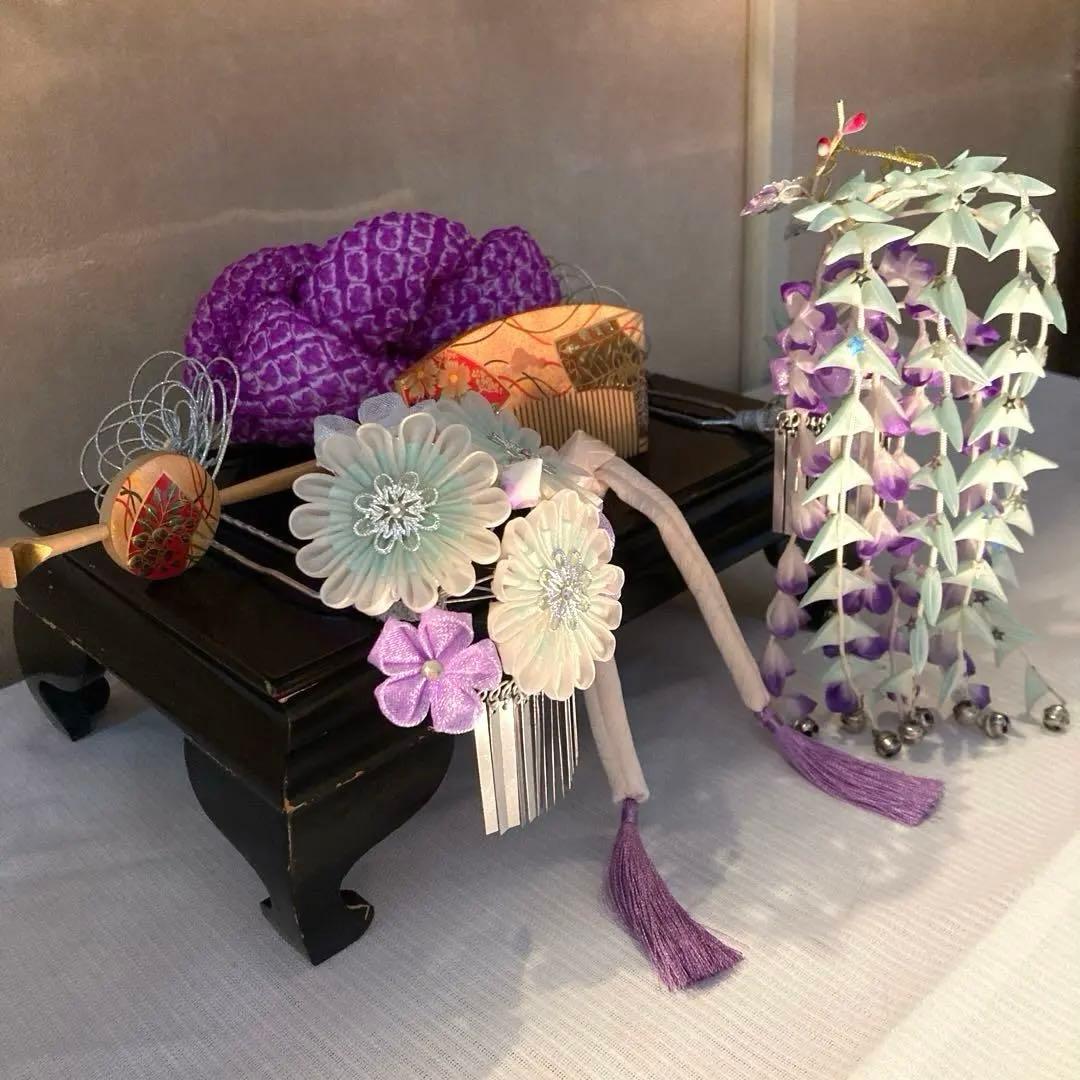 美しアンティーク　藤下がり　花簪　櫛平打ち簪　Uピン水引簪　選べる鹿の子ちんころ