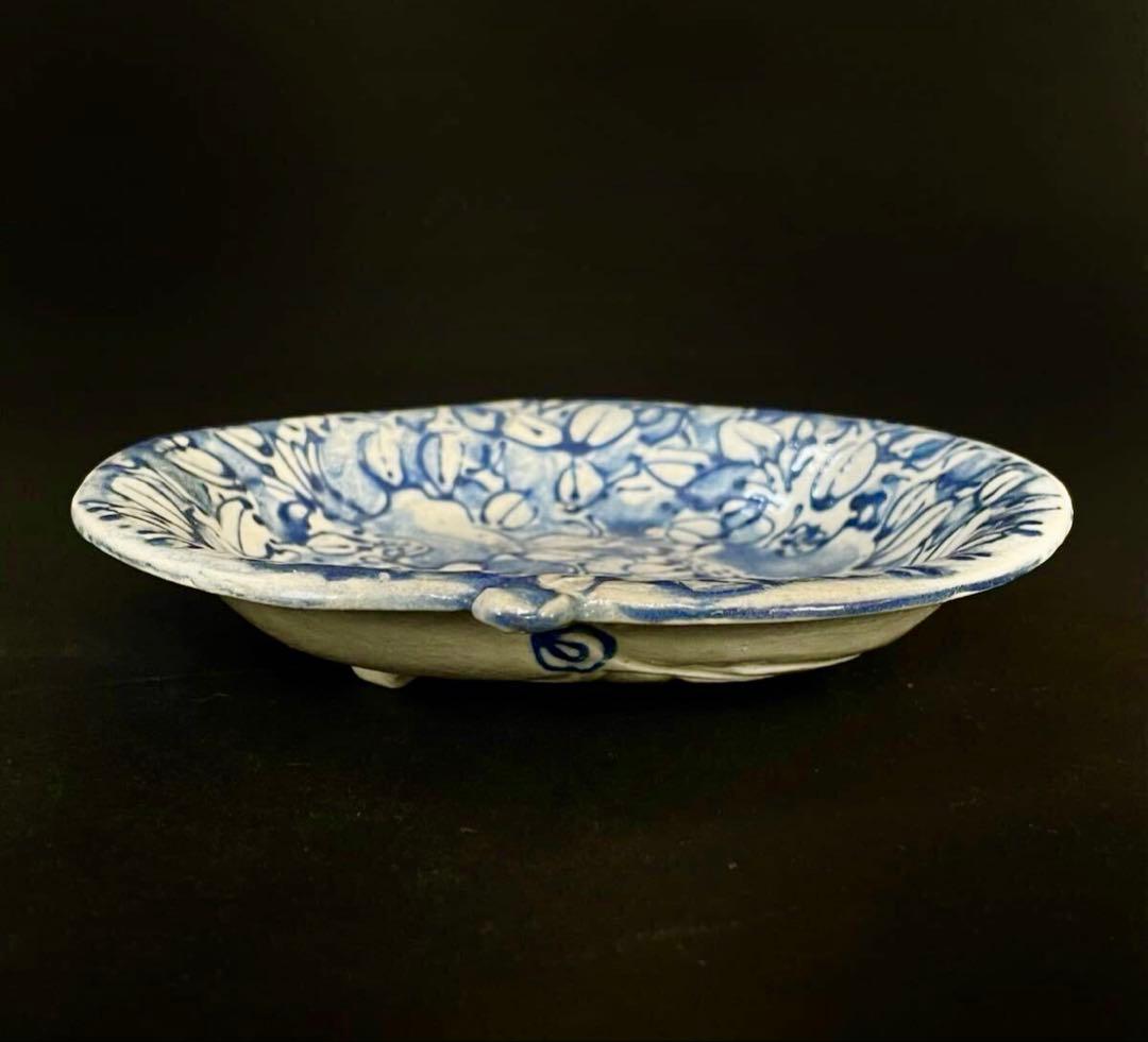 【珍品】古伊万里 染付 線描 三足 桃形 銘々皿 十客 木箱（YR）