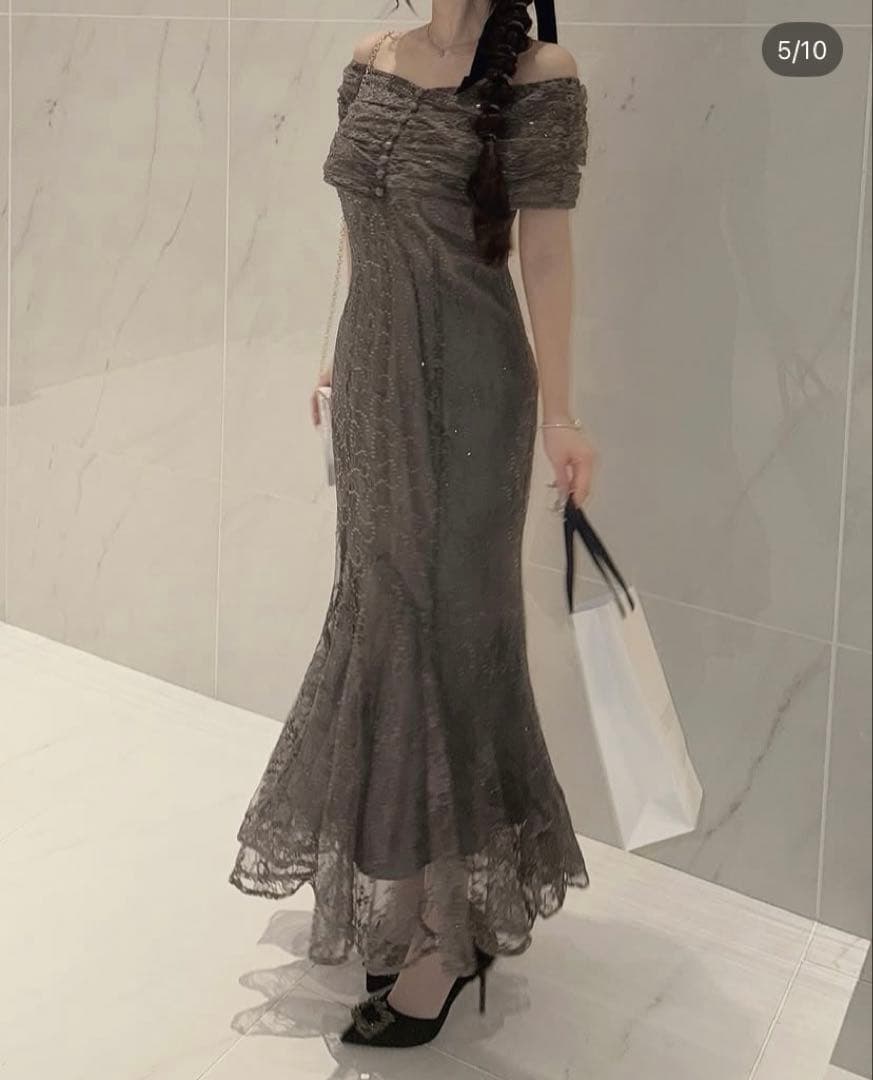 Leja グレー レース オフショルダードレス