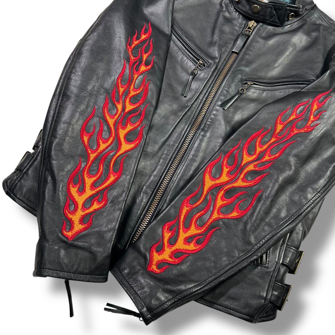 極美品 ハーレーダビッドソン レザージャケット XL ファイヤーパターン 刺繍