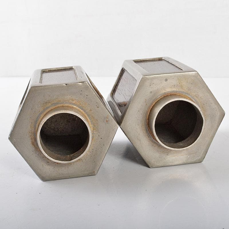 茶道具　古錫　唐木紫檀張　六角茶壷　茶心壷　一對　時代箱付　J　R5494