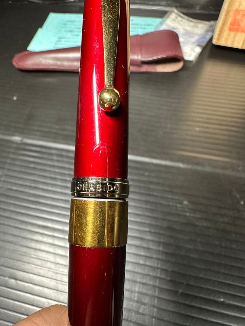 美品 大橋堂 OHASIDO 万年筆 14Kペン先／K18リング／朱漆軸