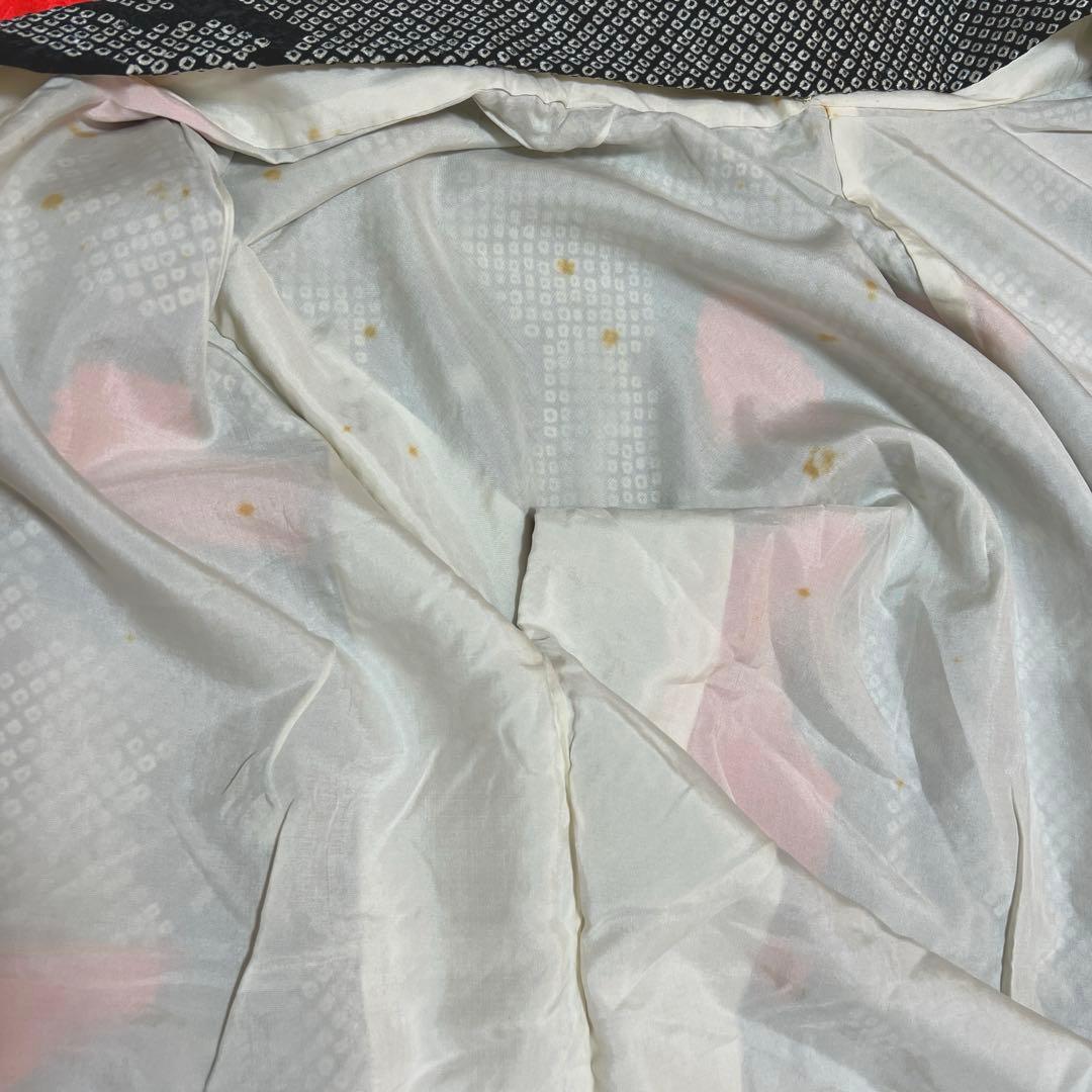 377 振袖フルセット 正絹 黒 朱赤 絞り ツートーン バイカラー 梅 駒刺繍