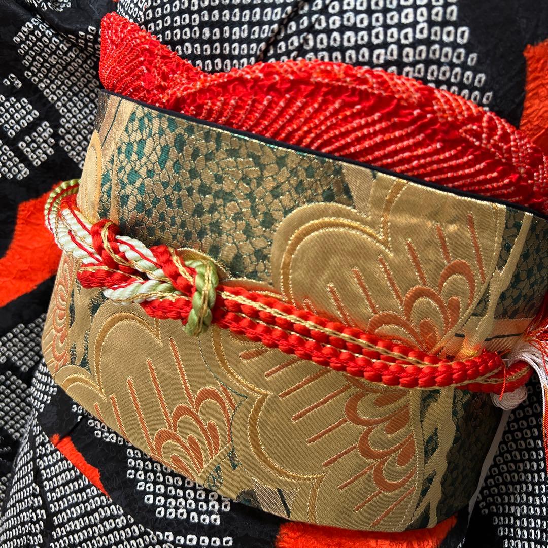 377 振袖フルセット 正絹 黒 朱赤 絞り ツートーン バイカラー 梅 駒刺繍