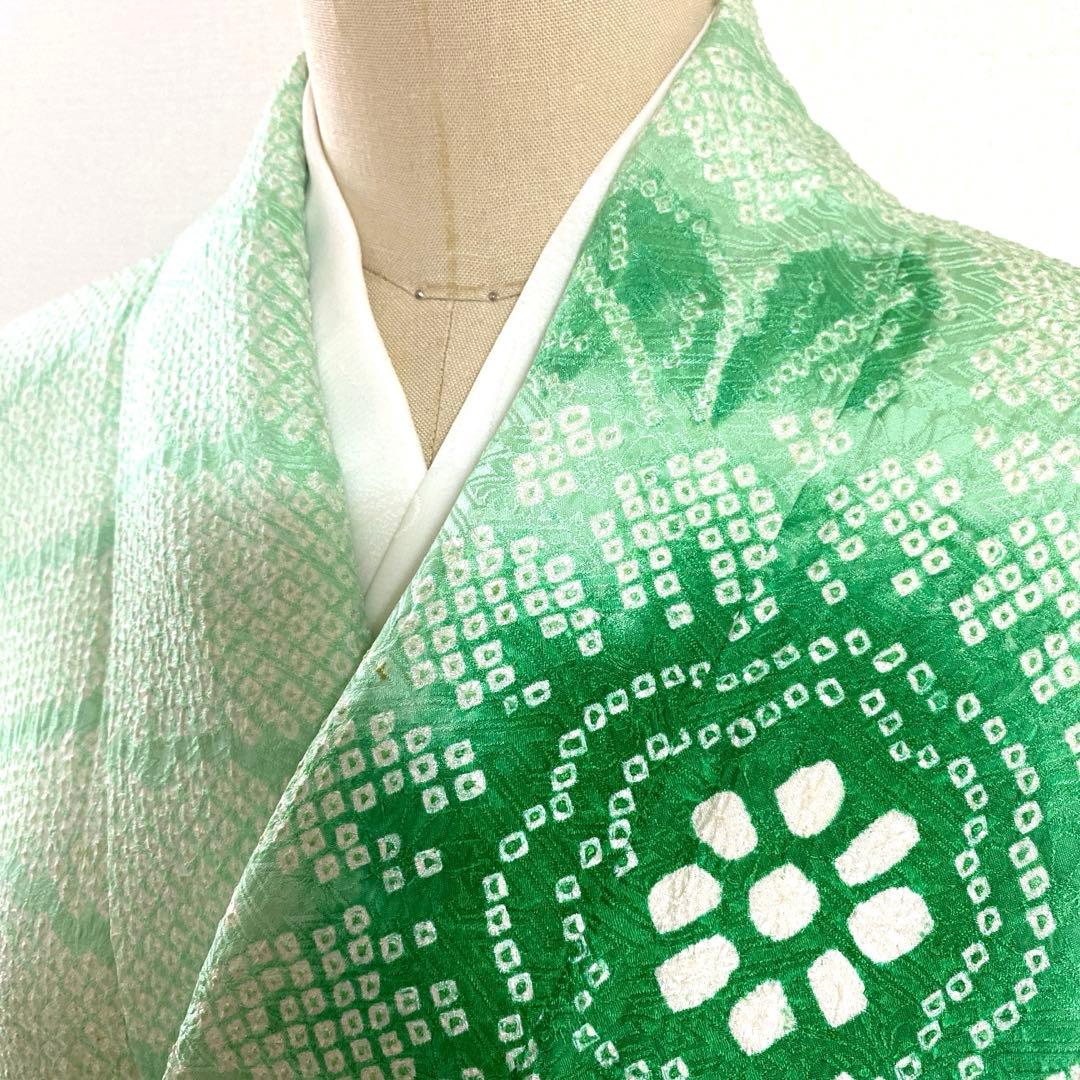 4k2289 振袖　正絹　袷　藤娘きぬたや　総絞り　緑　白　花柄　和装