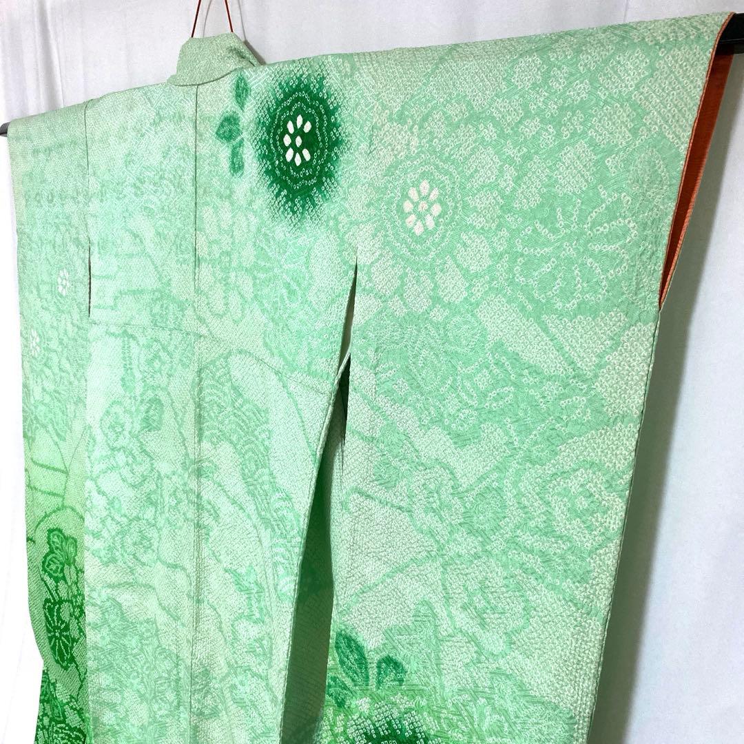 4k2289 振袖　正絹　袷　藤娘きぬたや　総絞り　緑　白　花柄　和装