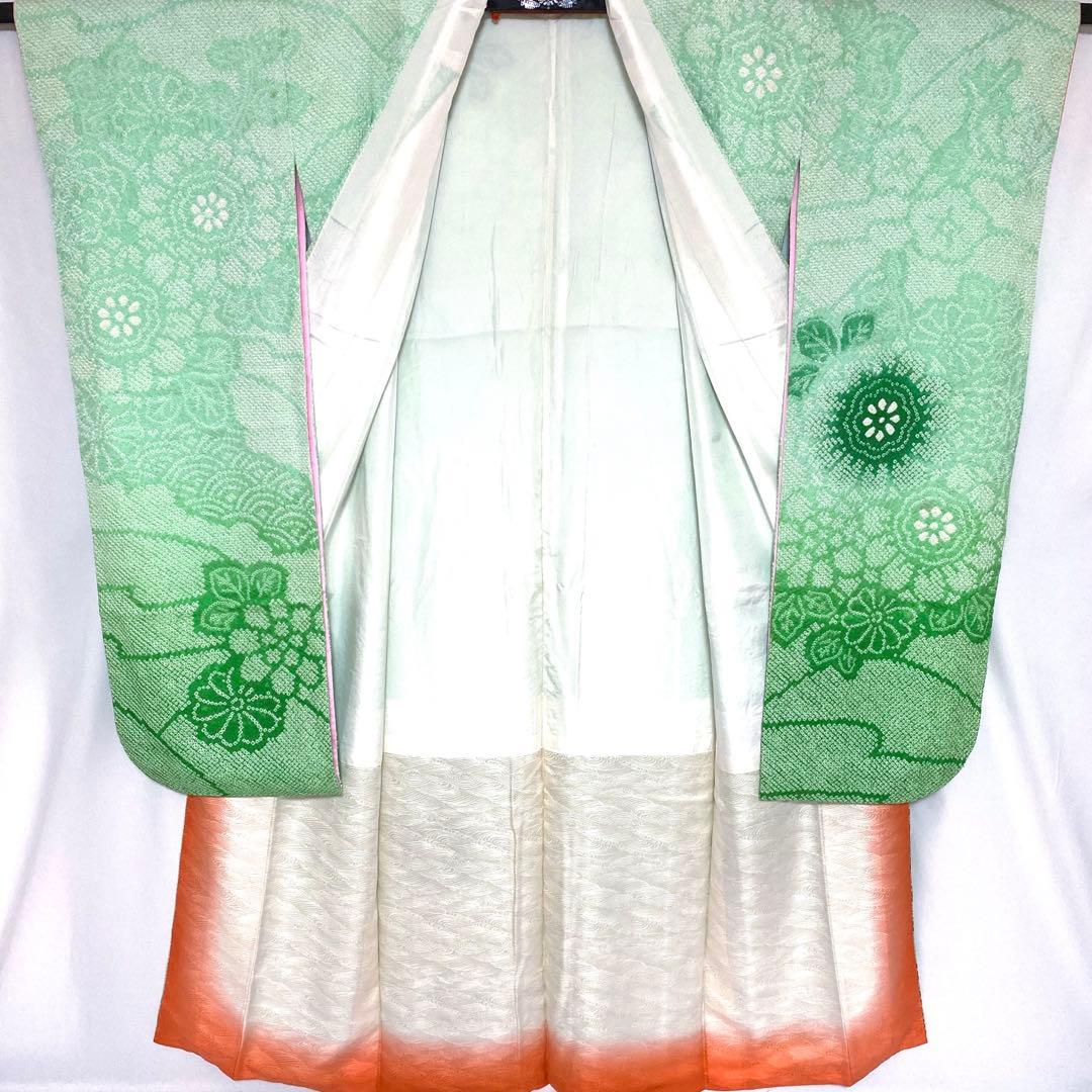 4k2289 振袖　正絹　袷　藤娘きぬたや　総絞り　緑　白　花柄　和装