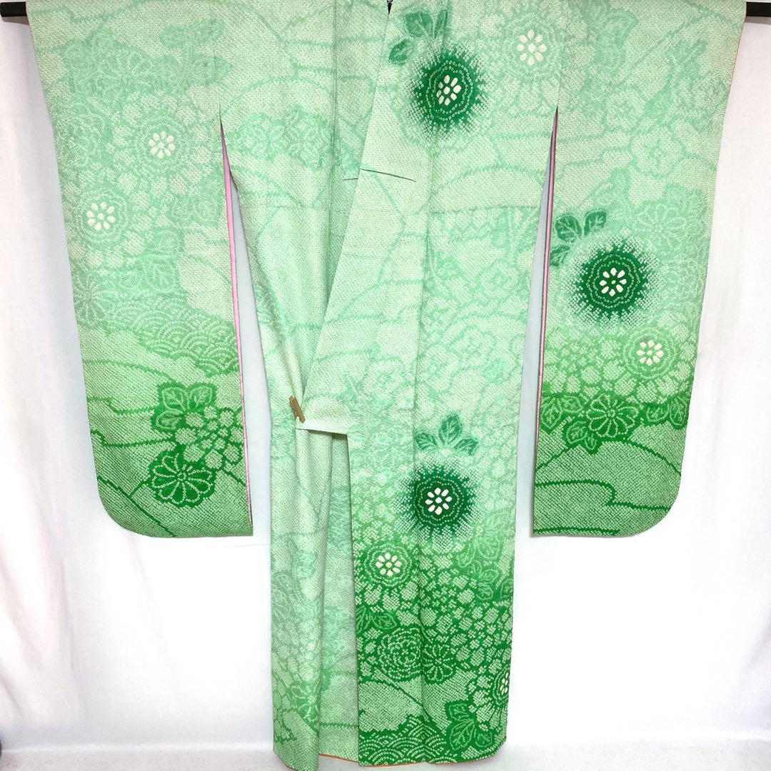 4k2289 振袖　正絹　袷　藤娘きぬたや　総絞り　緑　白　花柄　和装