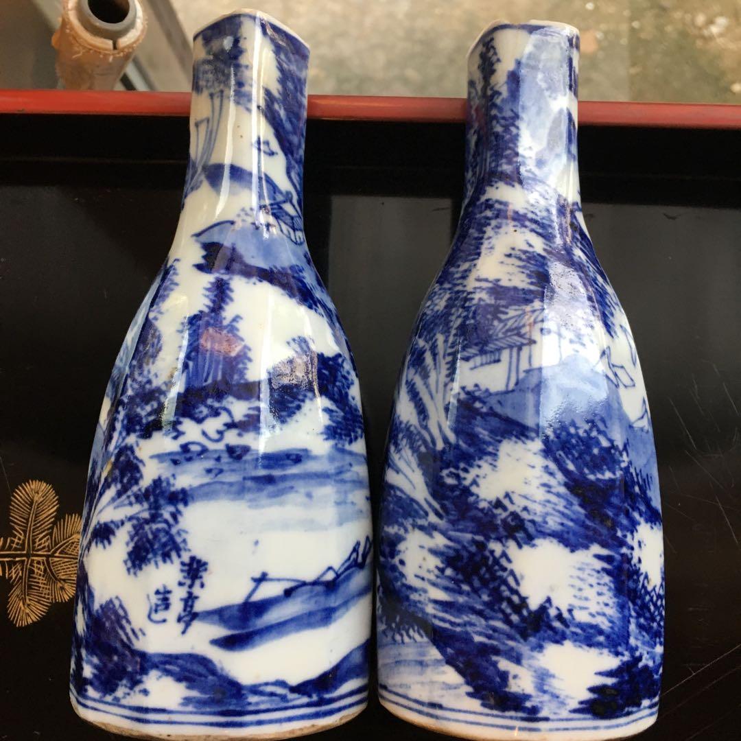 京焼　染付山水図　徳利　楽亭造　白に藍色　「江戸後期」酒器　金継