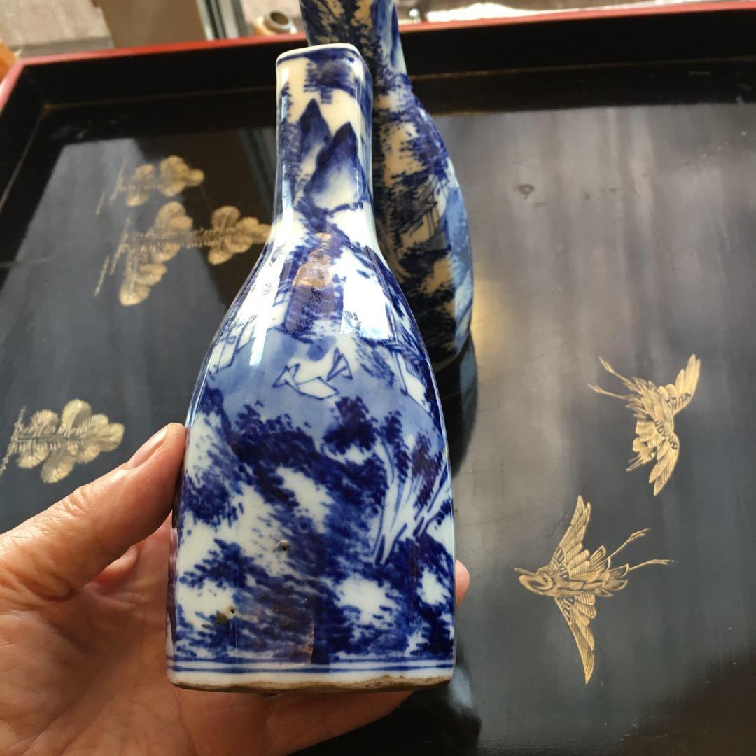 京焼　染付山水図　徳利　楽亭造　白に藍色　「江戸後期」酒器　金継