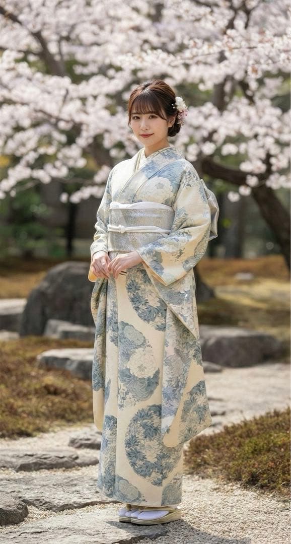 青色と白色の花柄振袖