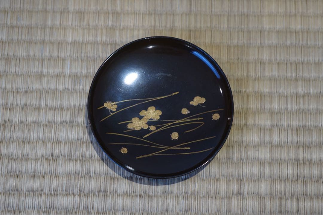 梅花松葉蒔絵・沈金風金円文(竹線刻) 黒漆吸物椀 2客/輪島塗 木製漆器 茶懐石