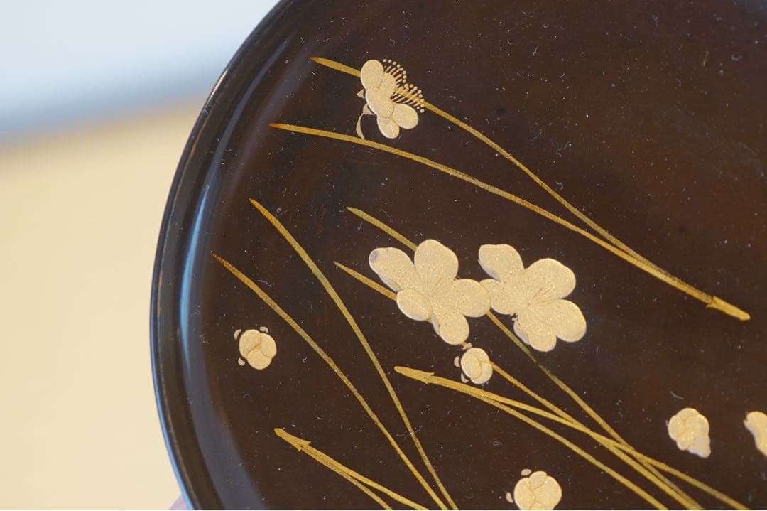 梅花松葉蒔絵・沈金風金円文(竹線刻) 黒漆吸物椀 2客/輪島塗 木製漆器 茶懐石