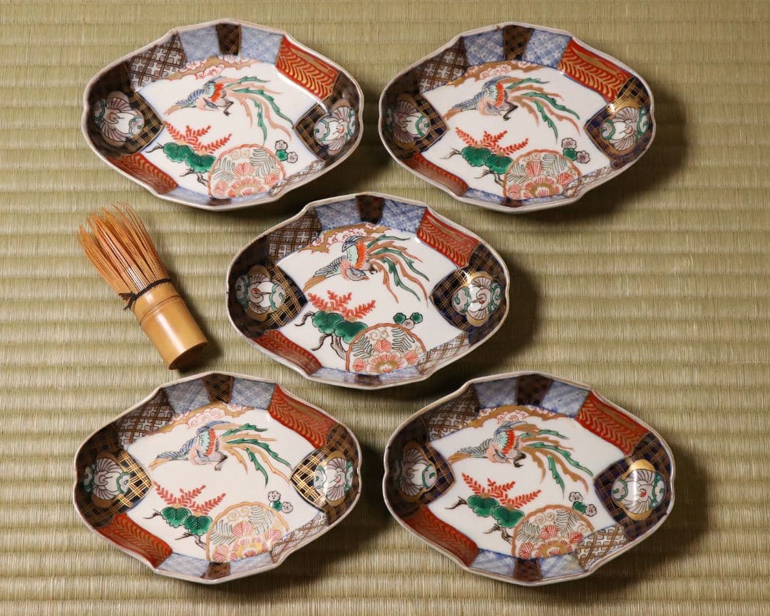 【CM52】古伊万里 桐鳳凰図 変形 刺身皿 五客 鶴 金彩 錦手 菱形 向付