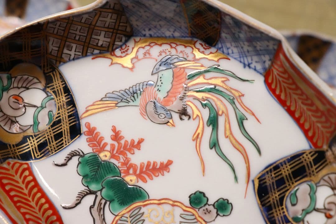 【CM52】古伊万里 桐鳳凰図 変形 刺身皿 五客 鶴 金彩 錦手 菱形 向付
