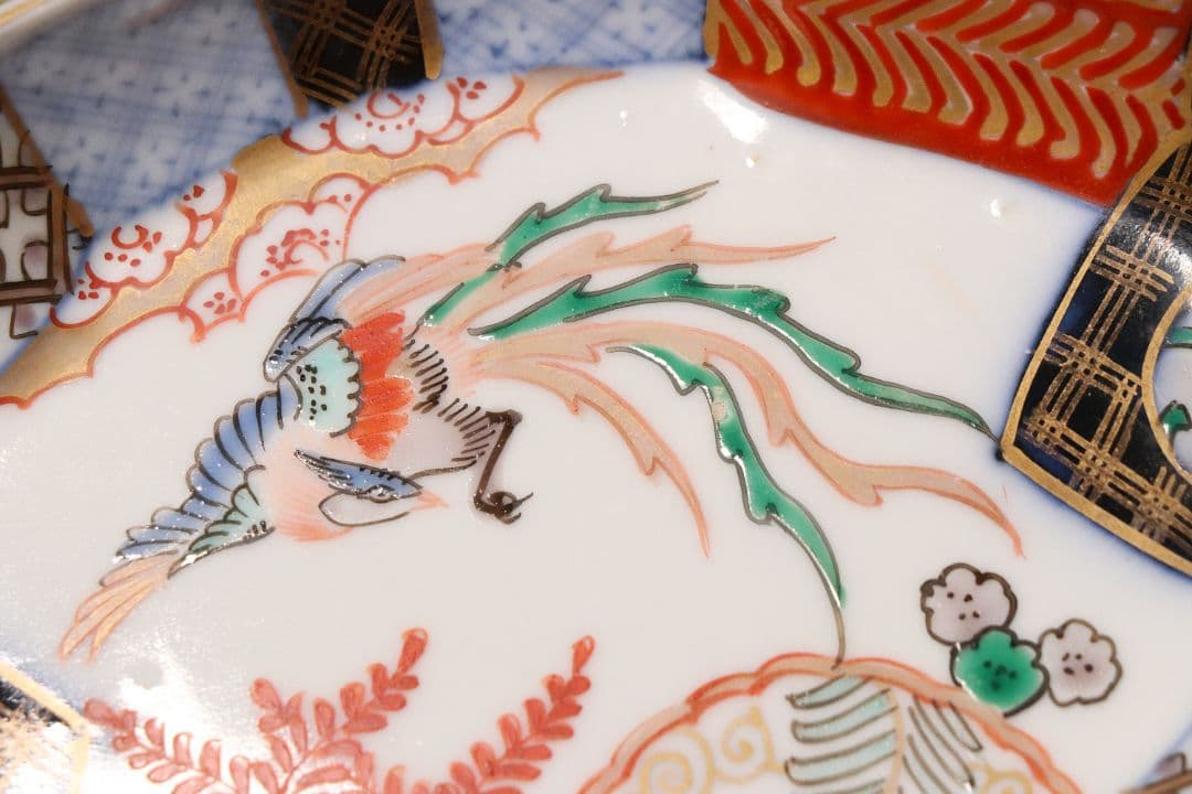 【CM52】古伊万里 桐鳳凰図 変形 刺身皿 五客 鶴 金彩 錦手 菱形 向付