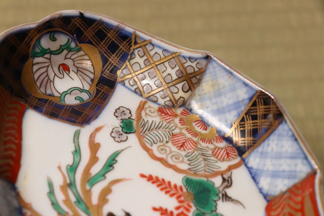 【CM52】古伊万里 桐鳳凰図 変形 刺身皿 五客 鶴 金彩 錦手 菱形 向付