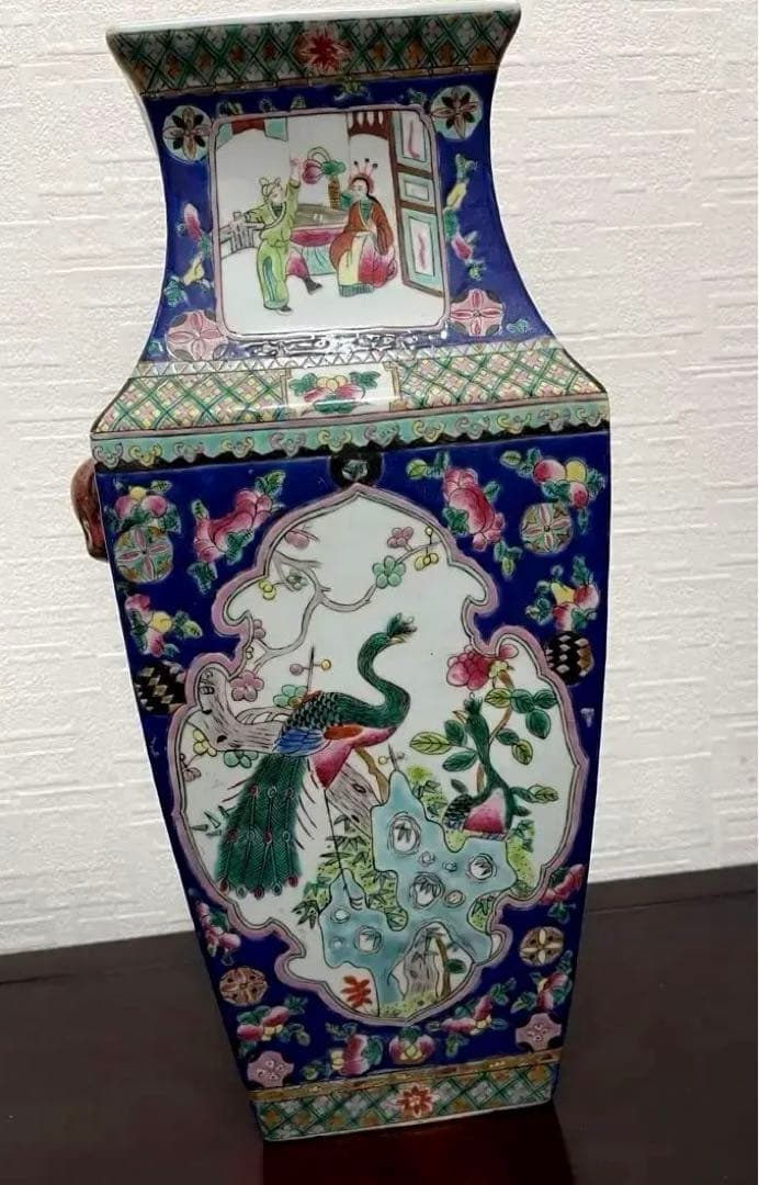 中国 粉彩 色絵 花鳥人物図 双耳四方瓶 古玩 古美術