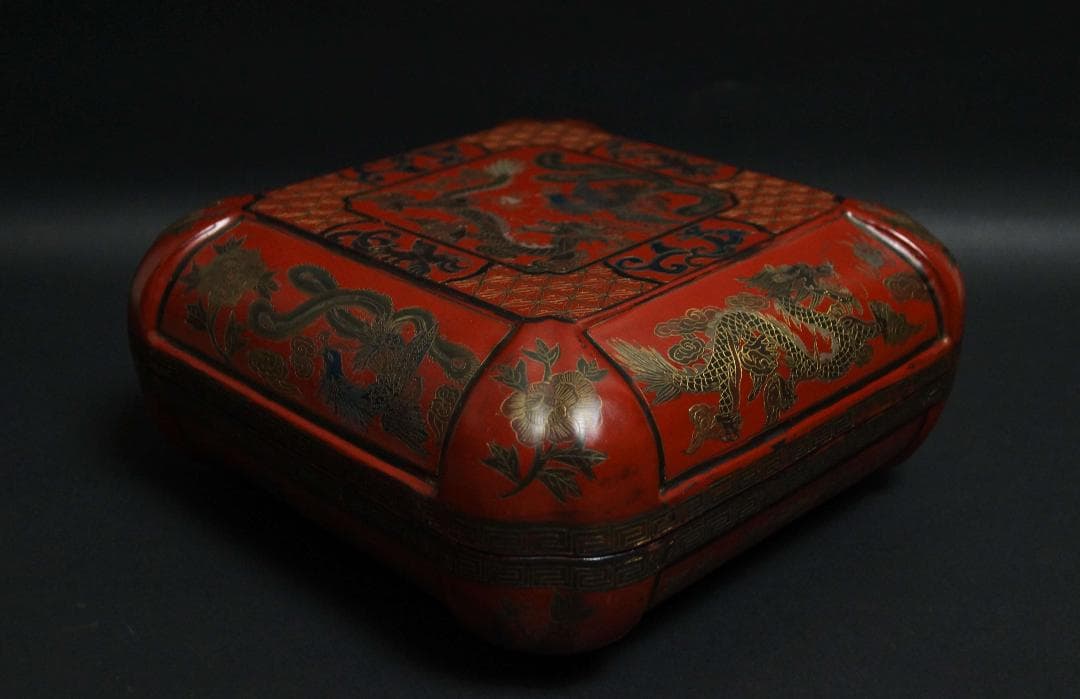 清 木製彫填漆塗 細工彫り『龍鳳凰文』金彩蒔絵 面取喰籠 蓋物 菓子器 /茶道具