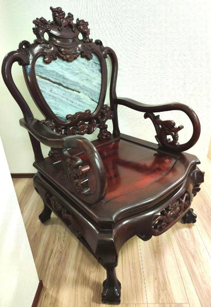 残り2脚　希少骨董　 大理石インレイ椅子　玉座　宮廷　紅木　紫檀黒檀花梨李朝　③