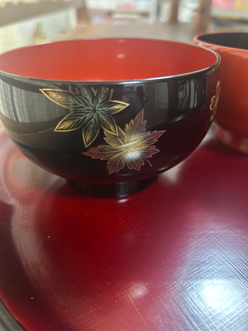 輪島塗　沈金　蒔絵金彩　高級夫婦椀　黒内朱　朱内黒　紅葉　桜
