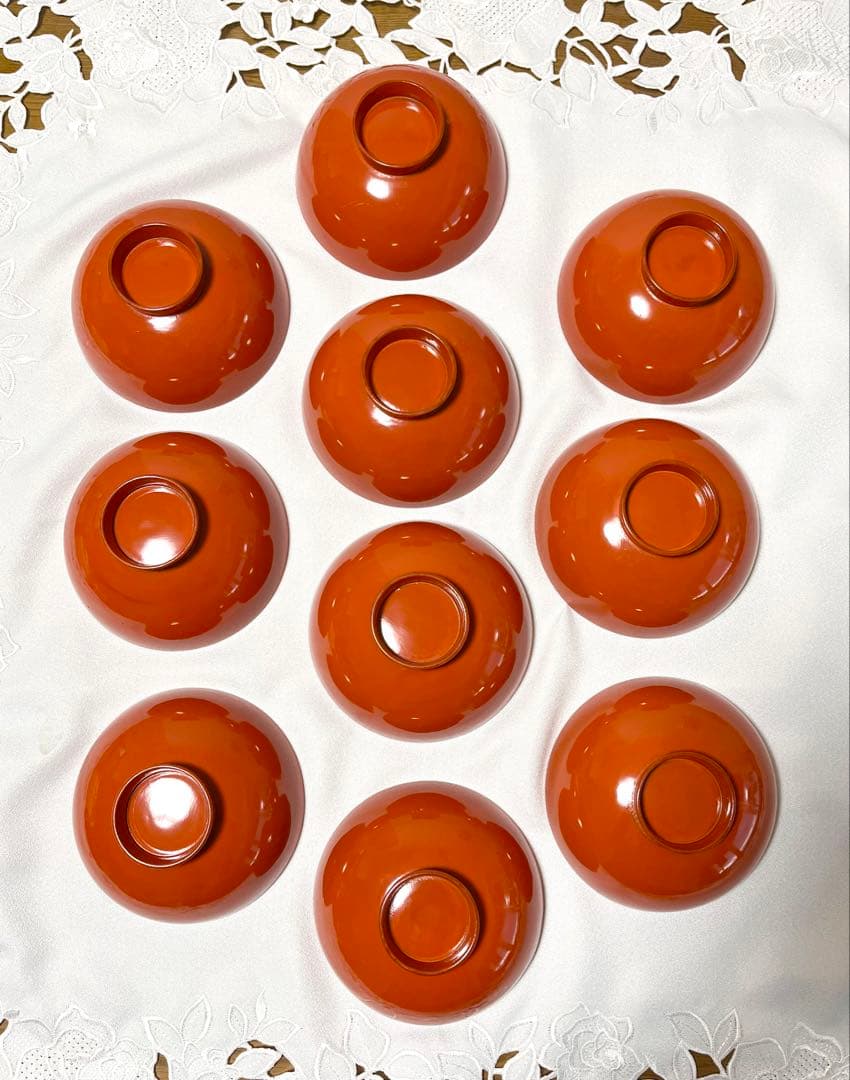 洗朱蒔絵蓋付き吸い物椀　9客　堅地家具師　文吉作　昭和初期　木製　手作り